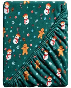 Cearsaf Cocolino microplus cu elastic SNOWMAN AND GINGERBREAD 90x200 cm verde
