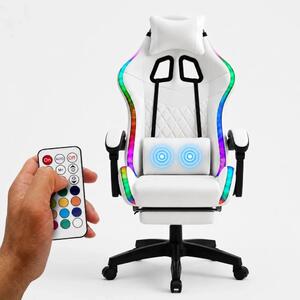RESIGILAT- Scaun gaming, sistem iluminare bandă LED RGB, masaj în perna lombară, suport picioare, Alb