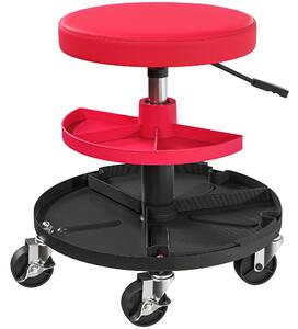 HOMCOM Scaun de Atelier cu Roți de 6 cm, Capacitate până la 135 kg, Înălțime Reglabilă 40-51 cm, cu Tăvi pentru Scule, Roșu | Aosom Romania