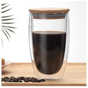 Pahar 450ml din Sticla borosilicata cu perete dublu si capac Bambus