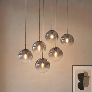 Lucande Lampa suspendată Veloura, 6 becuri, 100 cm, sticlă, lemn, reglabil, Gri, Camera de zi / sufragerie, Sticlă, Design