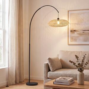 Lindby Lampă arcuită Solvian, negru/natur, bambus, metal, Negru, Camera de zi / sufragerie, Metal, Modern