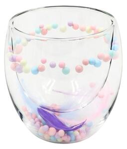 Pahar cu inserție de pene și bilute colorate pastel, roz și mov, pereți dubli, sticlă borosilicată, 250 ml, Aurora Bloom