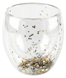 Pahar cu inserție de confetti steluțe gri și auriu, pereți dubli, sticlă borosilicată, 250 ml, Aurora Glow
