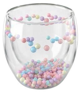 Pahar cu inserție de biluțe colorate pastel, pereți dubli, sticlă borosilicată, 250 ml, Aurora Bloom