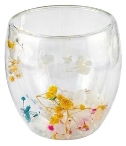 Pahar cu inserție de flori uscate, hortensii și floarea miresei, alb si galben, pereți dubli, sticlă borosilicată, 250 ml, Aurora Bloom