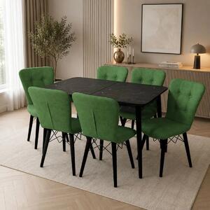 Set masa extensibila cu 6 scaune tapitate Homs cristal negru-verde 170 x 80 cm