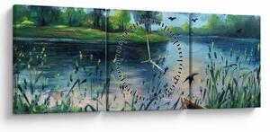 Tablou- Pictură în ulei, seară de vară lângă lac (cu ceas) (90x30 cm)