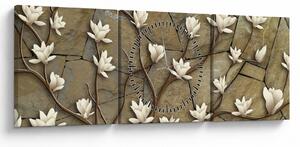 Tablou - Magnolii albe pe zidărie de piatră (cu ceas) (90x30 cm)