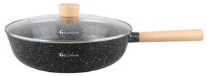 Wok cu capac din sticla Goldmann GM-0130L, 30 x 8.5 cm, Aluminiu turnat, Acoperire ceramica, Inductie, Negru