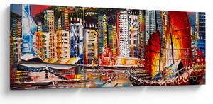 Tablou - Victoria Harbour, Hong Kong, pictură în ulei (cu ceas) (90x30 cm)