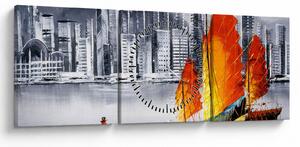 Tablou - Victoria Harbour, Hong Kong, pictură în ulei alb- negru (cu ceas) (90x30 cm)