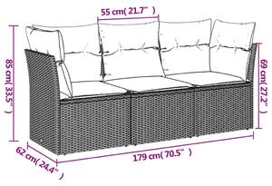 Set canapea de grădină cu perne, 3 piese, gri, poliratan