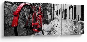 Tablou - Bicicleta roșie pe o stradă pavată (cu ceas) (90x30 cm)