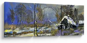Tablou -Cabane într-un peisaj de iarnă, pictură în ulei (cu ceas) (90x30 cm)