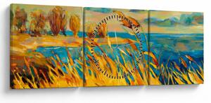 Tablou - Apus de soare peste lac, pictură acrilică (cu ceas) (90x30 cm)