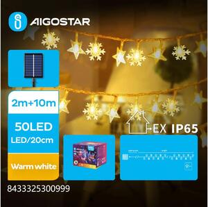 Aigostar - Ghirlandă solară cu LED, 50 LED, 8 funcții, 12 m, IP65, alb cald