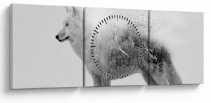 Tablou - Lupul arctic oglindit în peisajul sălbatic, alb-negru (cu ceas) (90x30 cm)