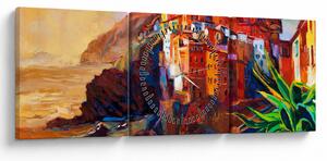 Tablou - Satul de coastă Cinque Terre, Riviera italiană, impresionismul modern (cu ceas) (90x30 cm)