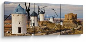 Tablou - Morile de vânt din Consuegra, Spania (cu ceas) (90x30 cm)