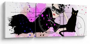 Tablou - Femeia cu pisică neagră (cu ceas) (90x30 cm)