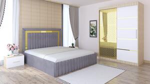 Dormitor Matei Sonoma cu Pat Tapitat Gri Stofa Ornament Auriu cu Dulap Matei Gold 150 cm Sonoma cu usi Albe si Noptiere