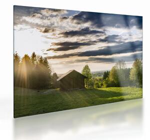 Tablou pe sticlă cabana în pădure (70x50 cm)