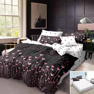 Lenjerie de pat, 2 persoane, finet, 6 piese, cu elastic, negru si alb, cu inimioare roz, LEL215