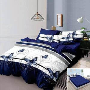 Lenjerie de pat, 2 persoane, finet, 6 piese, cu elastic, alb si albastru, cu fluturi albastri, LEL214