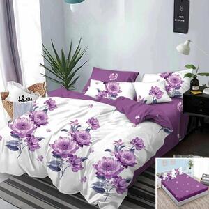 Lenjerie de pat, 2 persoane, finet, 6 piese, cu elastic, alb si mov, cu flori mov, LEL213