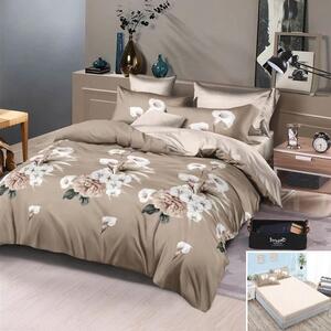 Lenjerie de pat, 2 persoane, finet, 6 piese, cu elastic, maro , cu flori albe, LEL211
