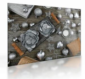 Tablou pe sticlă - decorațiuni argintii de Crăciun (70x50 cm)