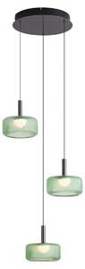 Lampă suspendată de design gunmetal cu sticlă verde, inclusiv LED reglabil în 3 trepte, 3 lumini cu sistem Easylift - Fiera