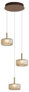 Lampă suspendată de design Fiera, aur rozaliu, cu sticlă chihlimbarie, LED inclus, reglabilă în 3 trepte, 3 lumini, Easylift
