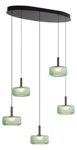 Fiera Designer Pendant Lamp: Gunmetal Finish with Green Glass, Integrated LED, 3-Step Dimmable, 5-Light Easylift