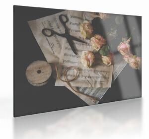 Tablou pe sticlă cu note muzicale și trandafiri (70x50 cm)