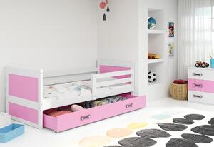 Pat pentru copii FIONA P1 COLOR + spațiu de depozitare + saltea + somieră GRATIS, 80x190 cm, alb, roz