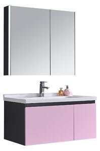 Mobilier de baie din MDF suspendat roz cu gri, sertar si usa, 90 cm si oglinda cu dulap si iluminare