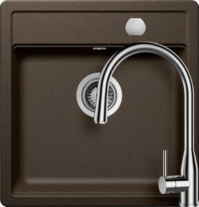 Set chiuveta bucatarie Schock Mono N-100S 490 x 510 mm Cristadur Bronze, maro bronz cu baterie bucatarie Schock Kavus cu cap extractibil si parti vizibile Inox Periat