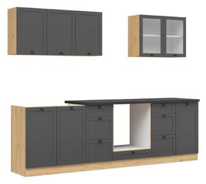 Set bucatarie JUNONA LINE, gri grafit/stejar, PAL, 260 cm, cu blat neg