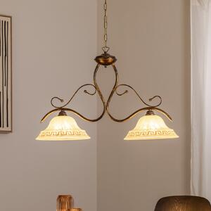 ONLI Lampă suspendată BILIARDO GIORGIO, crem/bronz, sticlă/fier 2 becuri, reglabil, Bronz / Alamă Veche, Camera de zi / sufragerie, Sticlă, Casă de țară / Rustic