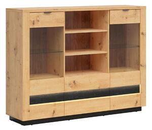 Vitrina OSTIA, stejar artisan/negru, PAL/sticla, 161x42x124 cm