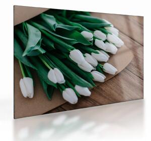 Tablou pe sticlă cu buchet de lalele albe (70x50 cm)
