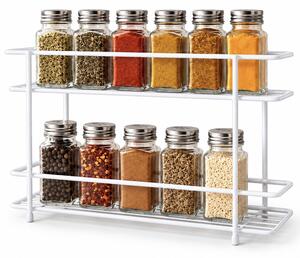 Raft metalic Pufo Kitchen cu 2 niveluri pentru organizarea dulapului si condimentelor, 32.5 x 8 x 21.5 cm, alb – organizator compact pentru bucatarie, dulap, blat sau camara