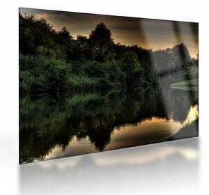 Tablou pe sticlă cu lac în pădure (70x50 cm)