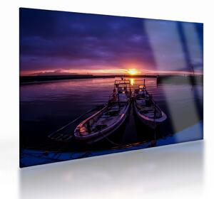 Tablou pe sticlă cu barci pescărești în port (70x50 cm)