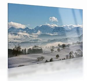 Tablou pe sticlă cu munții înzăpeziți (70x50 cm)