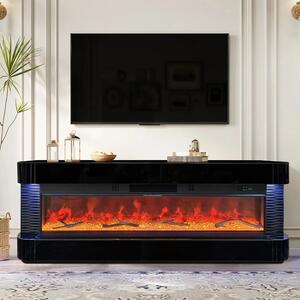 Șemineu Electric cu Flacără LED în 7 Culori, Comodă TV, Bluetooth, Difuzoare Integrate, Iluminare LED Ambientală, Telecomandă, MDF, Finisaj Negru Oglindă