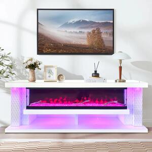 Șemineu Electric cu Flacără LED în 7 Culori, Comodă TV, Bluetooth, Difuzoare Integrate, Iluminare LED Ambientală, Telecomandă, MDF, Finisaj Alb Oglindă