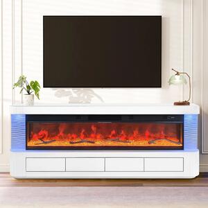 Șemineu Electric cu Flacără LED în 7 Culori, Comodă TV, Bluetooth, Difuzoare Integrate, Iluminare LED Ambientală, Telecomandă, MDF, Finisaj Alb Oglindă